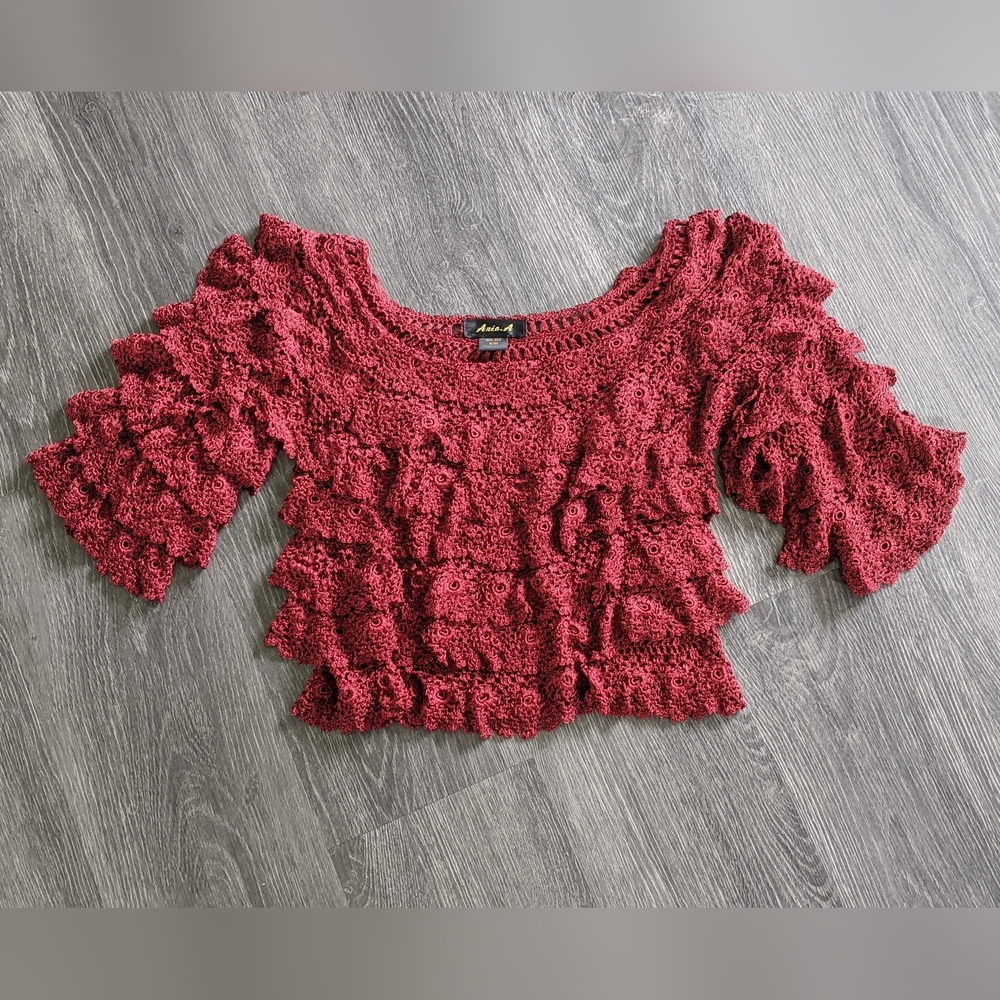 Maroon women's crochet knit tiered ruffle scoop neck sweater - size small/medium